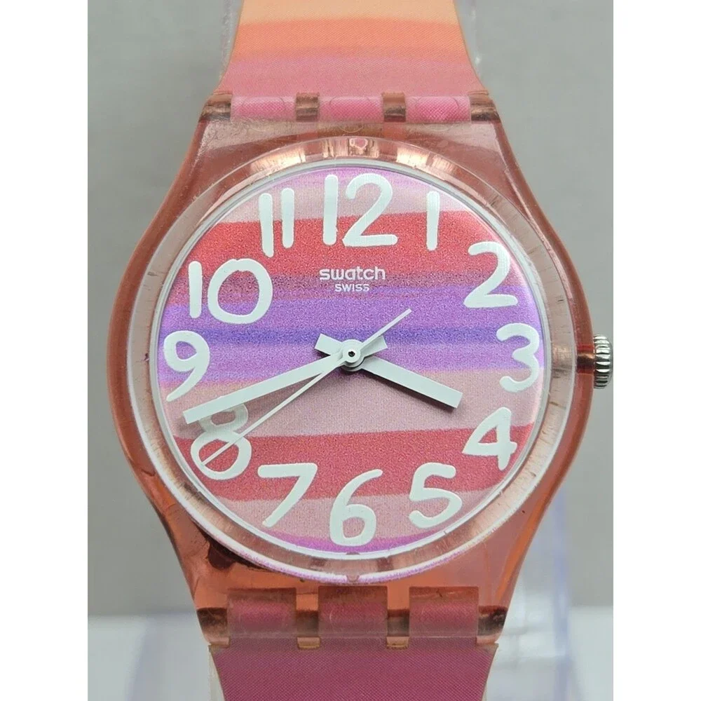 Swatch Astilbe Originals Gent Pink Rainbow Stripe 34mm Swiss Watch New Battery